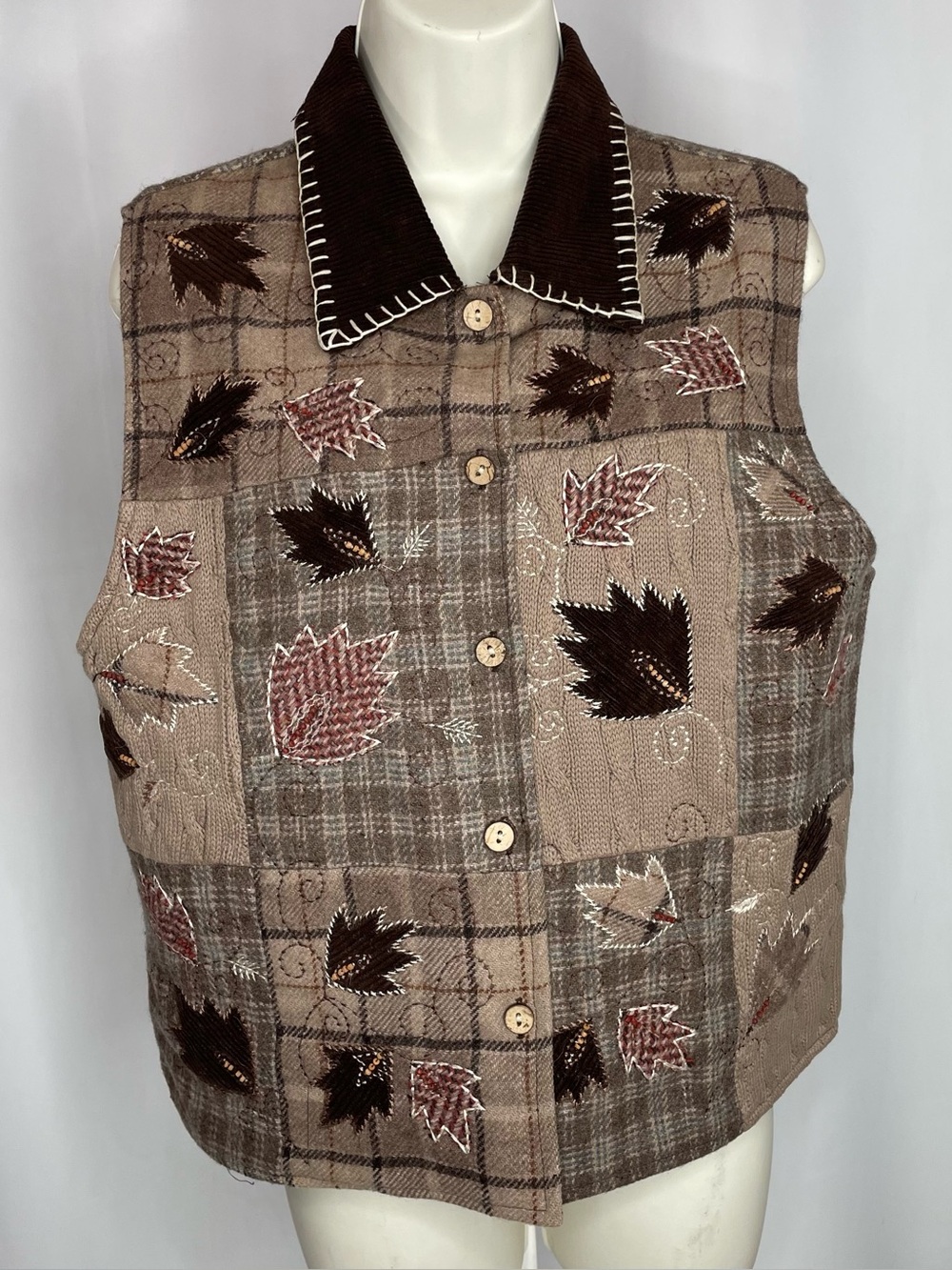 Vintage Dress Barn Wool Patchwork Leaf Embroidered Vest Brown L
